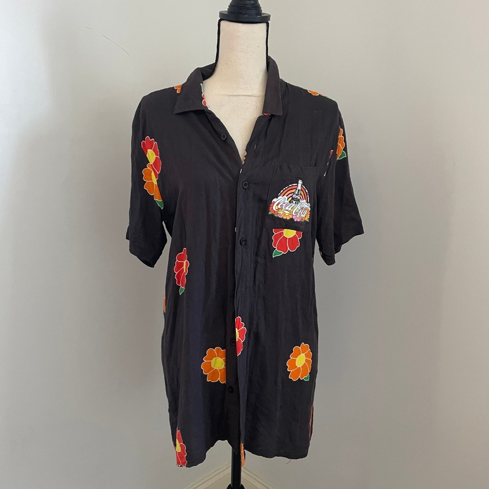 Coca Cola 1971 Floral Button Down Shirt Small Unity Collection‎ Black Retro Vtg
